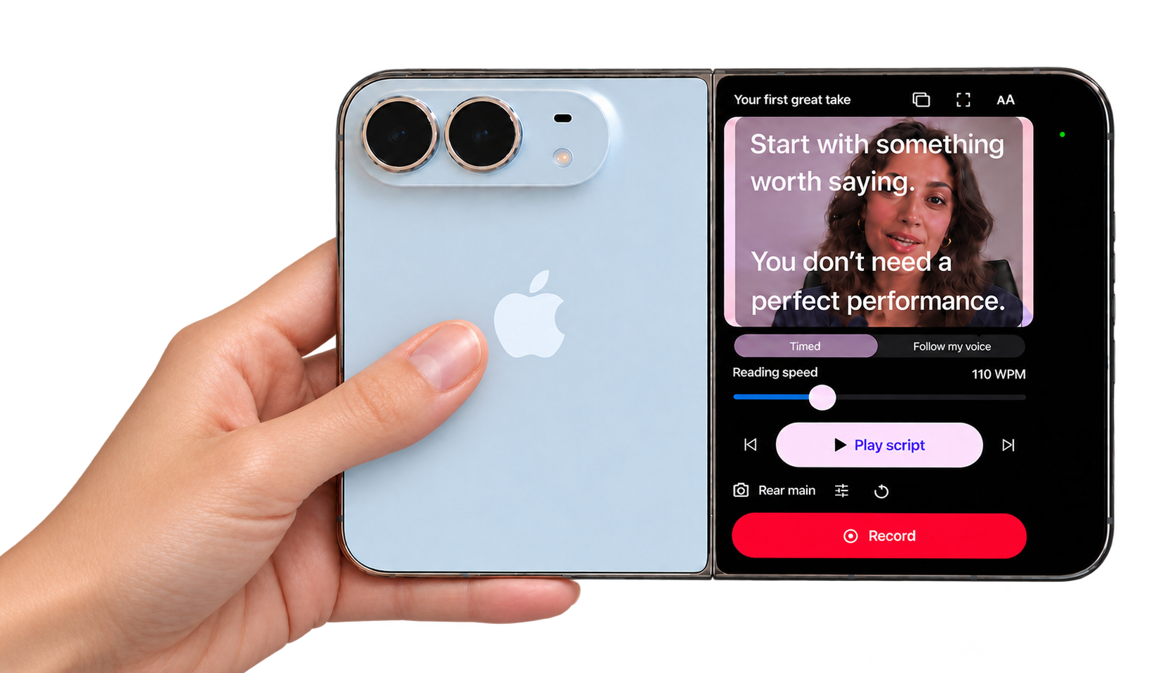 Teleprompter Duo held in landscape: rear cameras beside the live presenter preview and script, with timed or voice-following scrolling, reading-speed slider, Play script, and Record controls