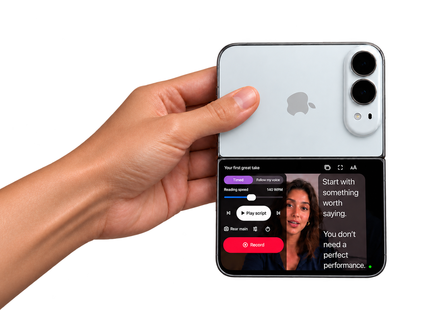 Hand and forearm extending beneath the headline, holding iPhone Duo with rear cameras above the Teleprompter Duo reading screen