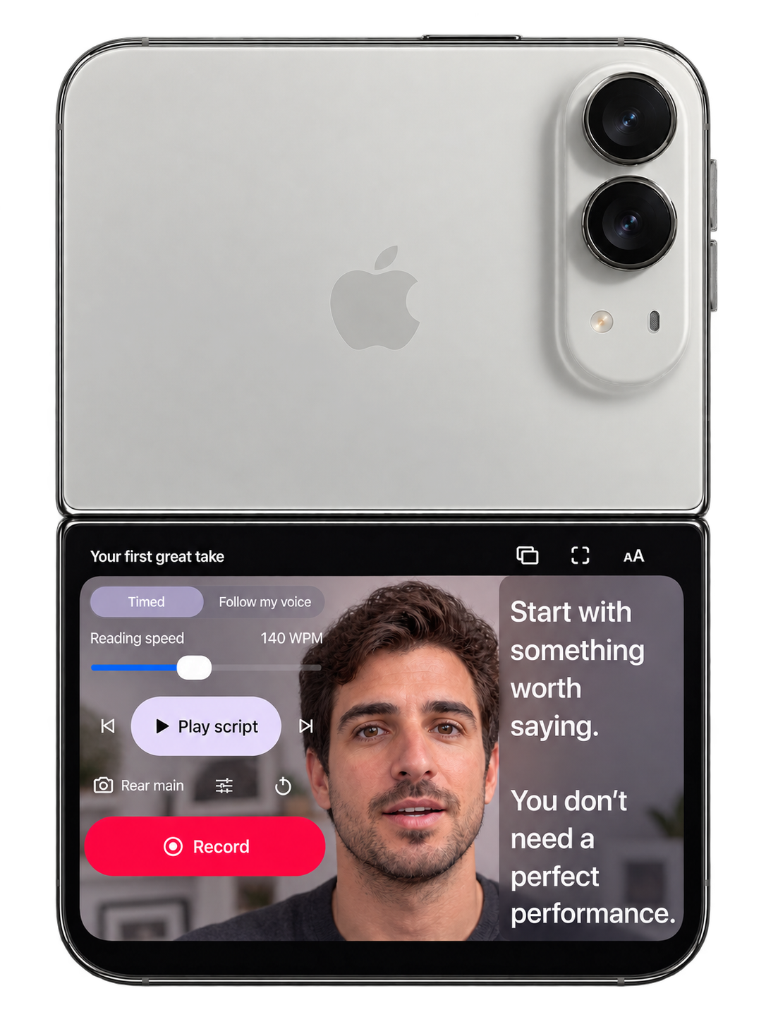 Teleprompter Duo on iPhone Duo with rear cameras above the reading screen, presenter preview, script beside the lens, and recording controls