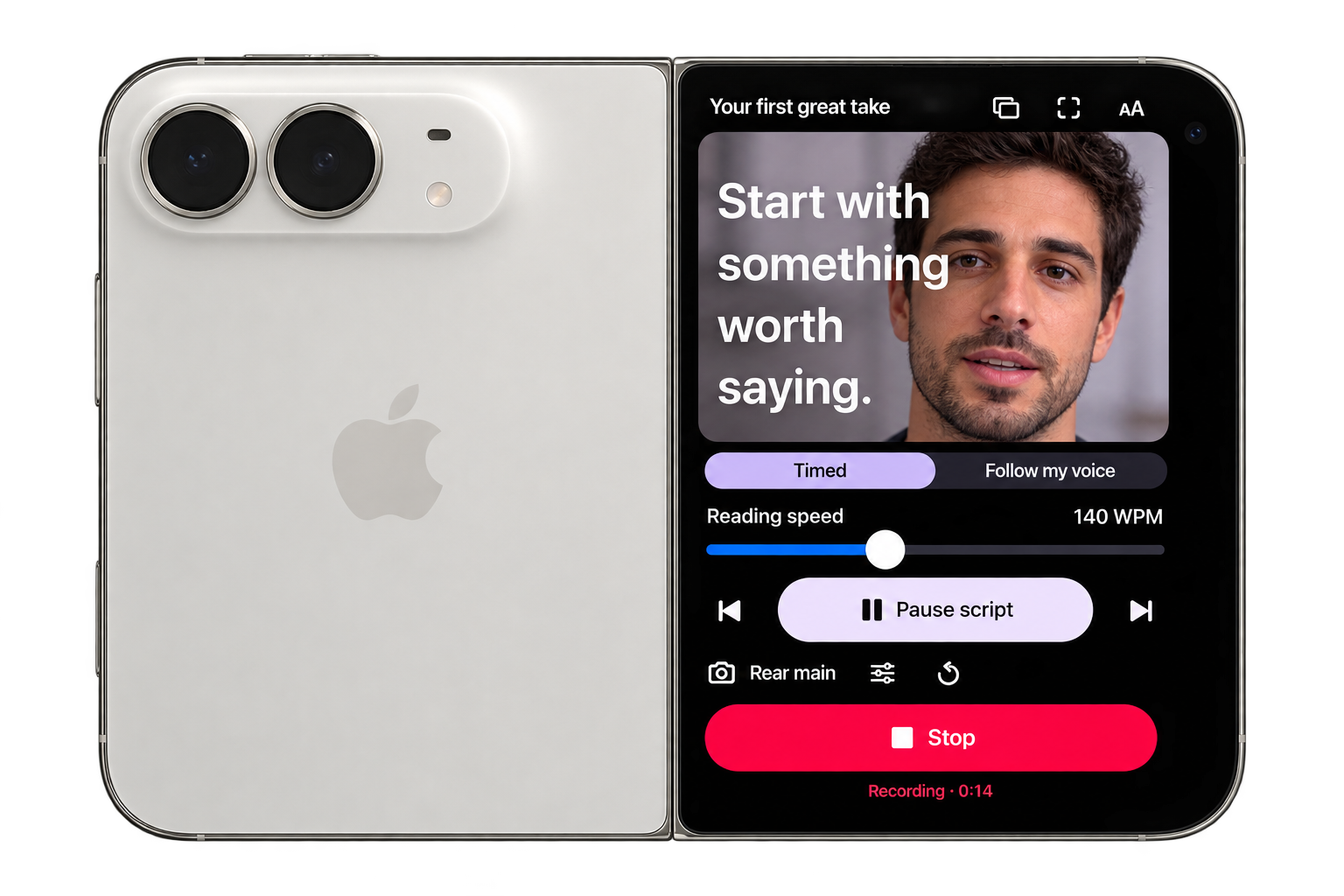 Teleprompter Duo in landscape on iPhone Duo, with rear cameras beside the script screen, presenter preview, reading speed, and active recording controls